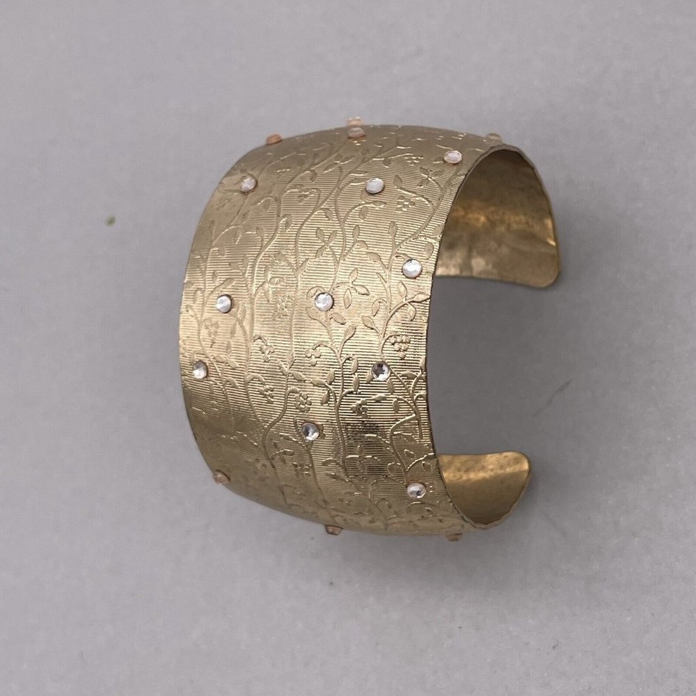 Textured Floral Rhinestone Wide Bangle Bracelet Gold Tone - Picture 3 of 8
